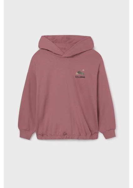 Kız Çocuk Baskılı Kapüşonlu Etek Ucu Büzgülü Sweatshirt - Gül Kurusu