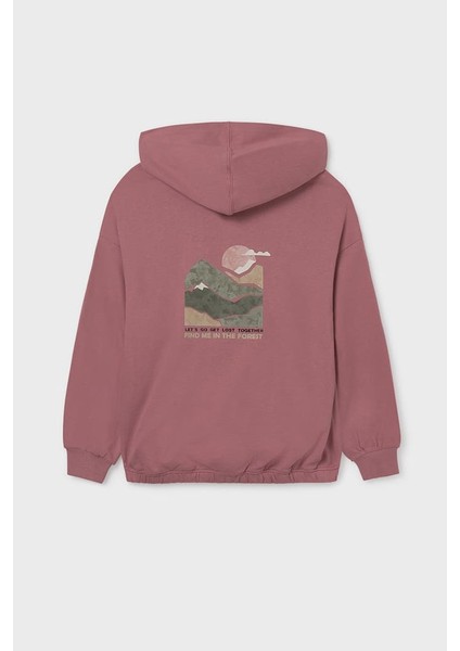 Kız Çocuk Baskılı Kapüşonlu Etek Ucu Büzgülü Sweatshirt - Gül Kurusu fiyatları