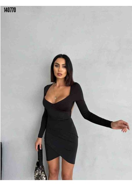 Kadın Uzun Kollu Göğüs ve Sırt Dekolteli Kruvaze Etek Detay Fırsat Ürün Mini Elbise, Kırmızı Gül Figürlü Kolye Hediye fiyatları