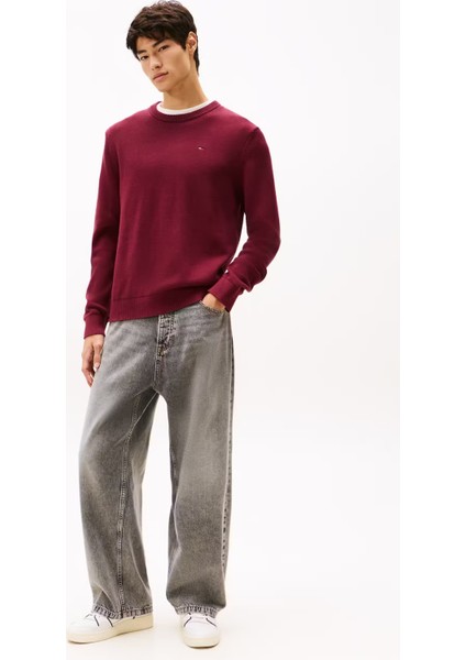 Erkek Slim Fit Bisiklet Yaka Dokulu Triko Kazak - Bordo fiyatları