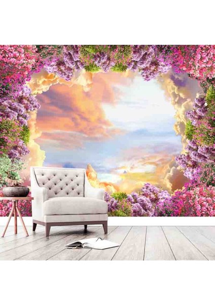 Çiçekler ve Gökyüzü Deseni Silinebilir Sağlıklı Tekstil Duvar Kağıdı