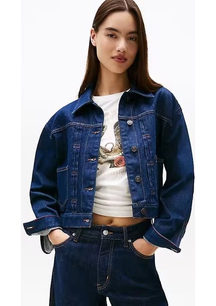 Kadın Regular Fit Pileli Kısa Kot Ceket - Lacivert