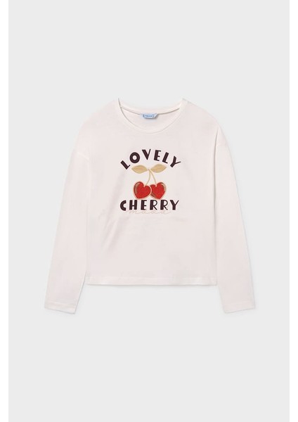 Kız Çocuk Kiraz Baskılı Uzun Kollu Ti-Shirt - Krem
