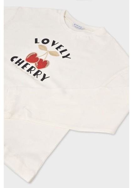 Kız Çocuk Kiraz Baskılı Uzun Kollu Ti-Shirt - Krem modelleri