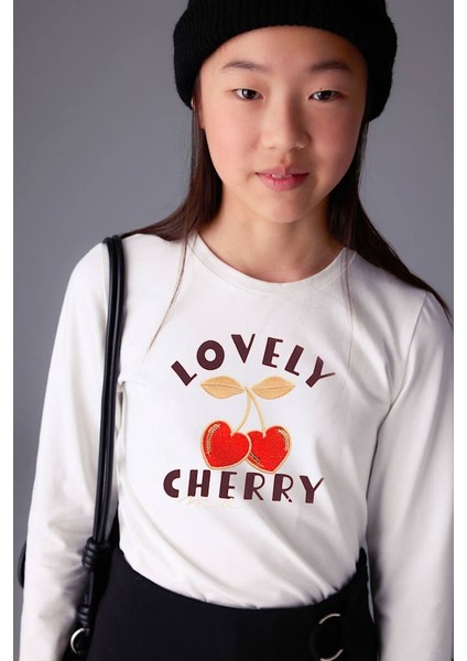 Kız Çocuk Kiraz Baskılı Uzun Kollu Ti-Shirt - Krem fırsatları