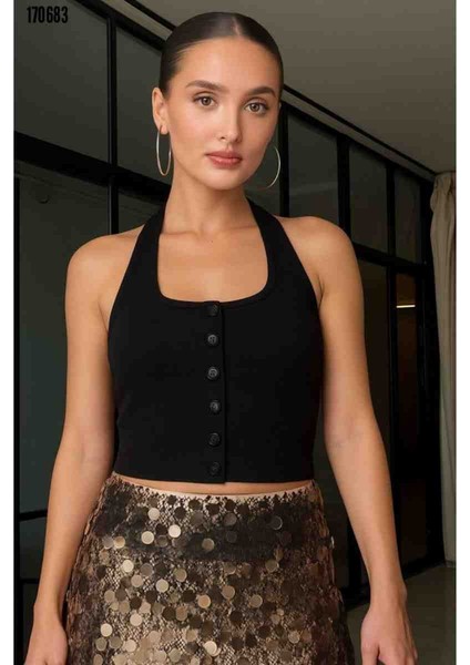 Kadın Düğme Detay Kaşkorse Kumaş Atlet, Kırmızı Gül Figürlü Kolye Hediye