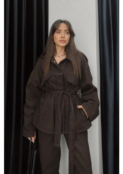 Kadın Denim Kahverengi Cep Detaylı Ceket Pantolon Takım fiyatları