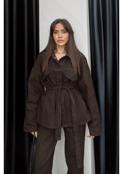 Kadın Denim Kahverengi Cep Detaylı Ceket Pantolon Takım fırsatları