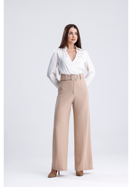 Kadın Yüksek Bel Kemerli Bol Paça Palazzo Pantolon Krem Krem / M
