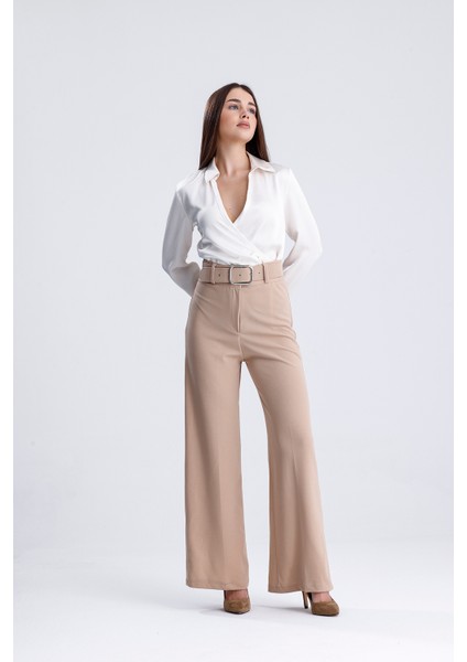 Kadın Yüksek Bel Kemerli Bol Paça Palazzo Pantolon Krem Krem / M indirimleri