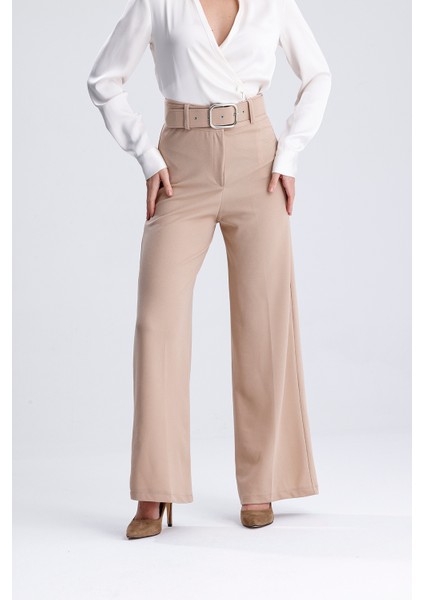 Kadın Yüksek Bel Kemerli Bol Paça Palazzo Pantolon Krem Krem / M