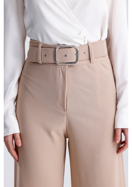 Kadın Yüksek Bel Kemerli Bol Paça Palazzo Pantolon Krem Krem / M