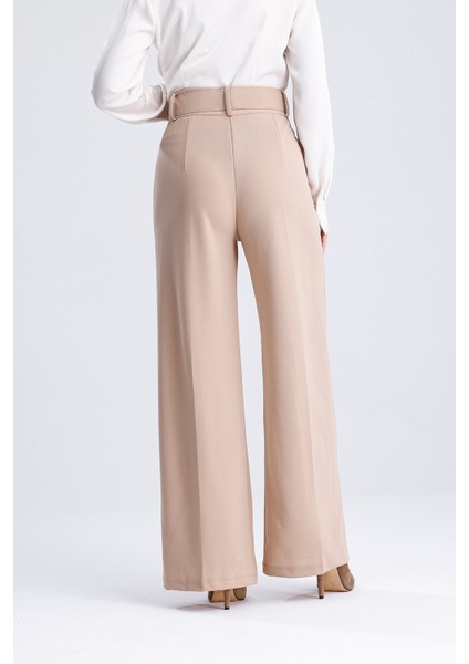 Kadın Yüksek Bel Kemerli Bol Paça Palazzo Pantolon Krem Krem / M