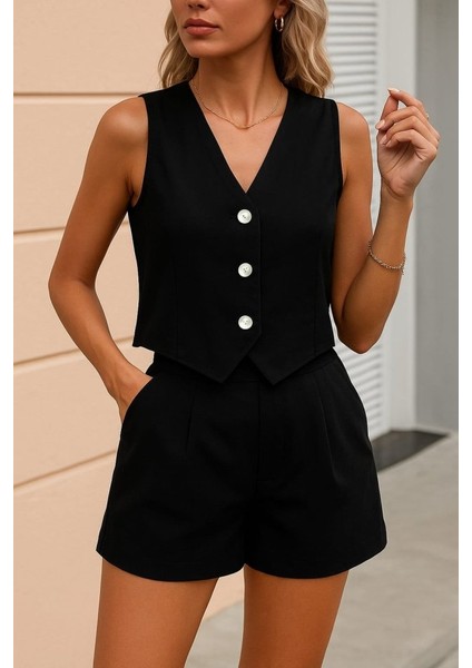 Kadın Sıfır Kol Askılı V Yakalı Önden Düğmeli Ithal Keten Ceket ve Short Ikili Takım
