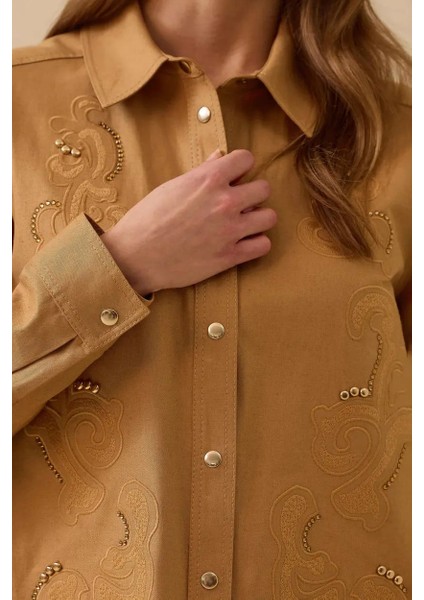 Kadın Nakış Detaylı Baskılı Ceket - Camel fırsatları