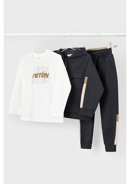 Erkek Çocuk Renk Bloklu Kapüşonlu 3 Parça Eşofman Takımı - Antrasit