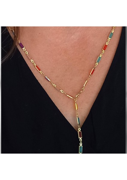 Renkli Taşlı Y Model Çelik Kolye fiyatları