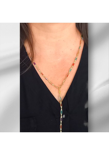 Renkli Taşlı Y Model Çelik Kolye modelleri