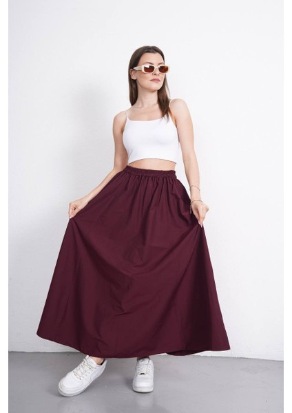 Tesettür Etek Uzun Çift Cepli Poplin Kumaş Beli Lastikli Iç Göstermez Etek Astarsız (90 Cm)
