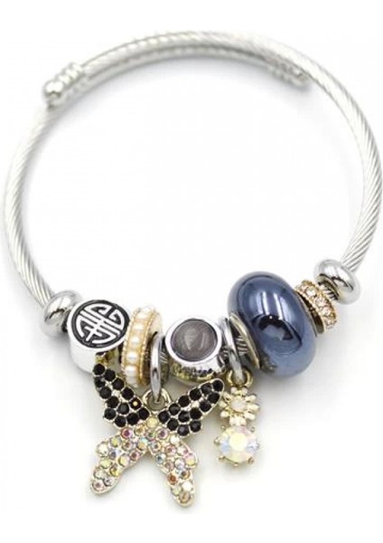 Çelik Charmlı Kelebek Bileklik - Siyah