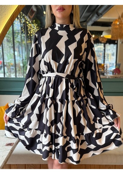 Kadın Uzun Kollu Yarı Balıkçı Yaka Geometrik Desen Kısa Şardonlu Dalgıç Elbise fiyatları