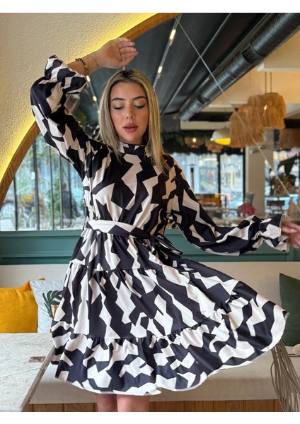 Kadın Uzun Kollu Yarı Balıkçı Yaka Geometrik Desen Kısa Şardonlu Dalgıç Elbise modelleri