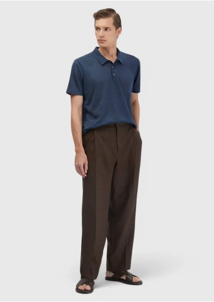 Kahverengi Düz Kumaş Regular Fit Casual %100 Keten Pantolon