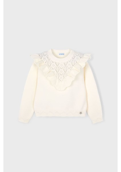Kız Çocuk Ajurlu Fırfır Yaka Triko Kazak - Ekru