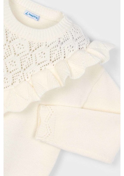 Kız Çocuk Ajurlu Fırfır Yaka Triko Kazak - Ekru modelleri