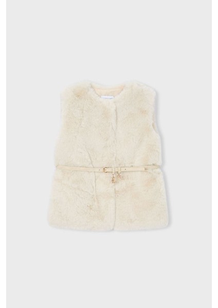 Kız Çocuk Kemerli Pelüş Yelek - Kum