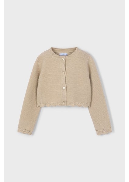 Kız Çocuk Simli Ajur Detaylı Kısa Triko Hırka - Bej