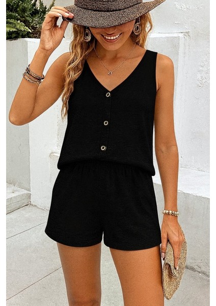 Kadın Askılı Kolsuz V Yakalı Önden Düğmeli Bürümcük Bluz ve Short Ikili Takım