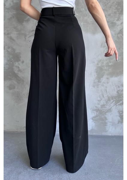 Kadın Yüksek Bel Kemerli Bol Paça Palazzo Pantolon Siyah Siyah / L modelleri