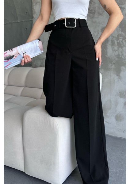 Kadın Yüksek Bel Kemerli Bol Paça Palazzo Pantolon Siyah Siyah / L indirimleri