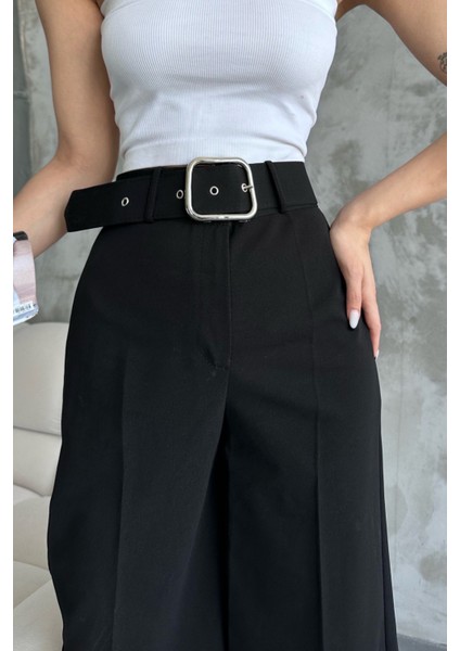 Kadın Yüksek Bel Kemerli Bol Paça Palazzo Pantolon Siyah Siyah / L