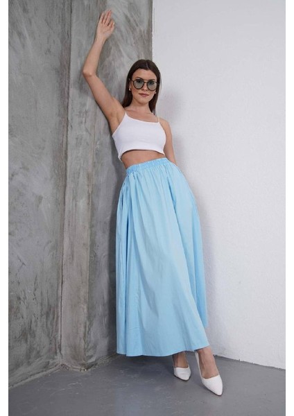 Tesettür Etek Uzun Çift Cepli Poplin Kumaş Beli Lastikli Iç Göstermez Etek Astarsız (90 Cm)