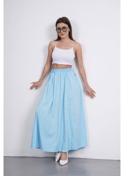 Tesettür Etek Uzun Çift Cepli Poplin Kumaş Beli Lastikli Iç Göstermez Etek Astarsız (90 Cm) modelleri