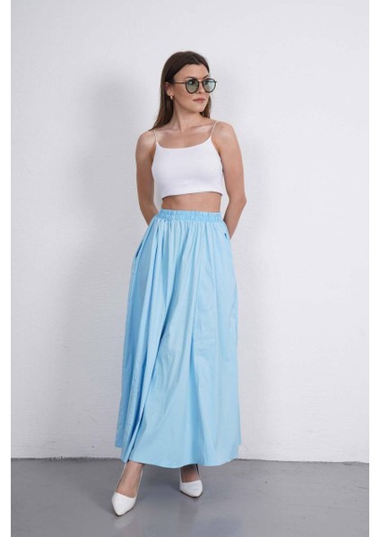 Tesettür Etek Uzun Çift Cepli Poplin Kumaş Beli Lastikli Iç Göstermez Etek Astarsız (90 Cm) fırsatları