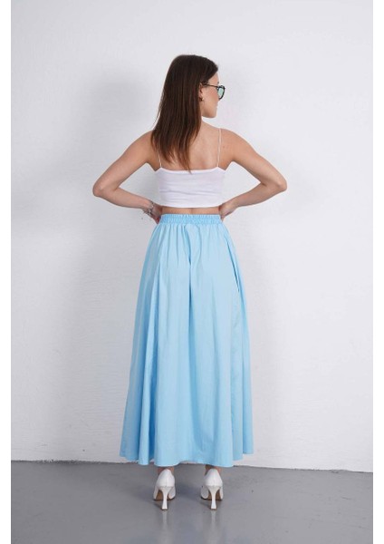 Tesettür Etek Uzun Çift Cepli Poplin Kumaş Beli Lastikli Iç Göstermez Etek Astarsız (90 Cm)