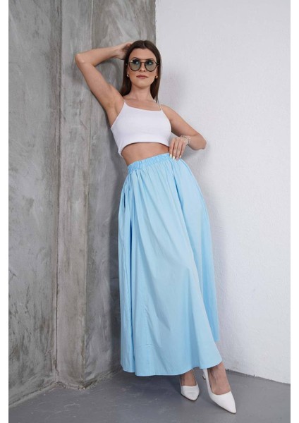 Tesettür Etek Uzun Çift Cepli Poplin Kumaş Beli Lastikli Iç Göstermez Etek Astarsız (90 Cm)