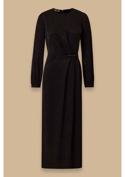 Kadın Desenli Boncuk Detaylı Saten Elbise - Siyah indirimleri