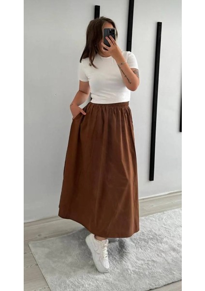 Tesettür Etek Uzun Çift Cepli Poplin Kumaş Beli Lastikli Iç Göstermez Etek Astarsız (90 Cm) fiyatları