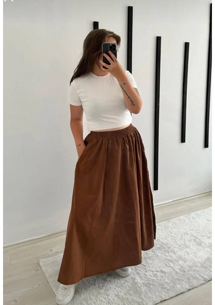 Tesettür Etek Uzun Çift Cepli Poplin Kumaş Beli Lastikli Iç Göstermez Etek Astarsız (90 Cm) modelleri