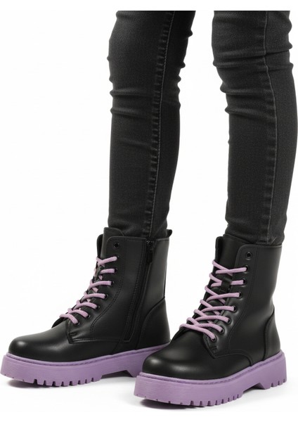 Siyah Mor Içi Polarlı Bağcıklı Fermuarlı Kız Çocuk Bot