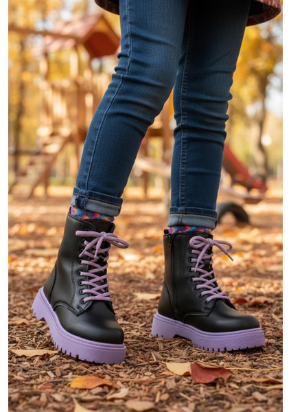 Siyah Mor Içi Polarlı Bağcıklı Fermuarlı Kız Çocuk Bot modelleri