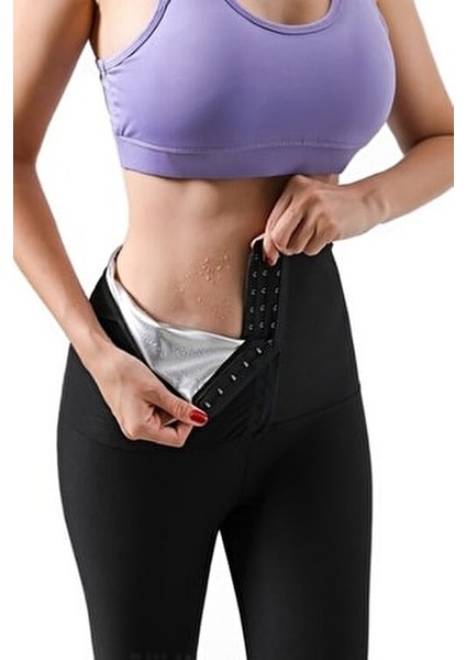 Kadın Siyah Sauna Zayıflatan Iki Beden Incelten Vücut Şekillendirici Beli Agraflı Korse Tayt