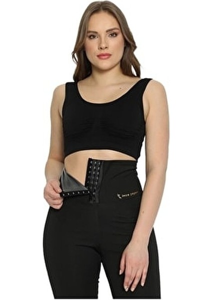 Kadın Siyah Sauna Zayıflatan Iki Beden Incelten Vücut Şekillendirici Beli Agraflı Korse Tayt