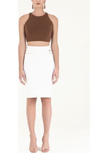 Beyaz Kontrast dikişli pamuk etek 80407