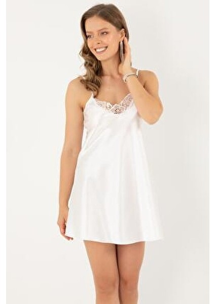 Ince Askılı Güpürlü Mini Saten Gecelik