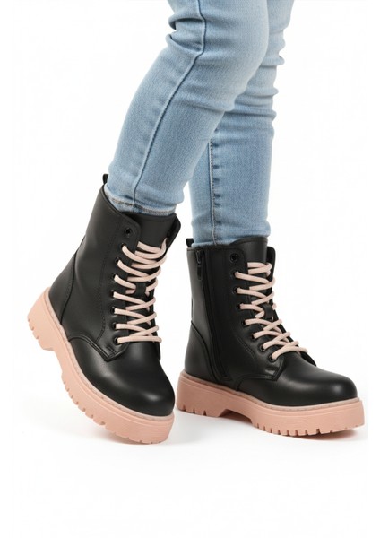 Siyah Pudra Içi Polarlı Bağcıklı Fermuarlı Kız Çocuk Bot